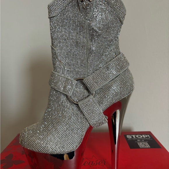 Pleaser Silver Rhinestone Platform Heeled Ankle Boots - Picture 3 of 6